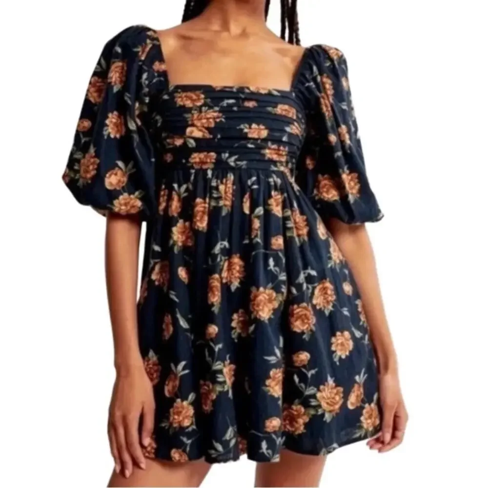 Abercrombie& Fitch Navy Blue Floral Emerson Linen Cotton Mini Dress SMALL PETITE